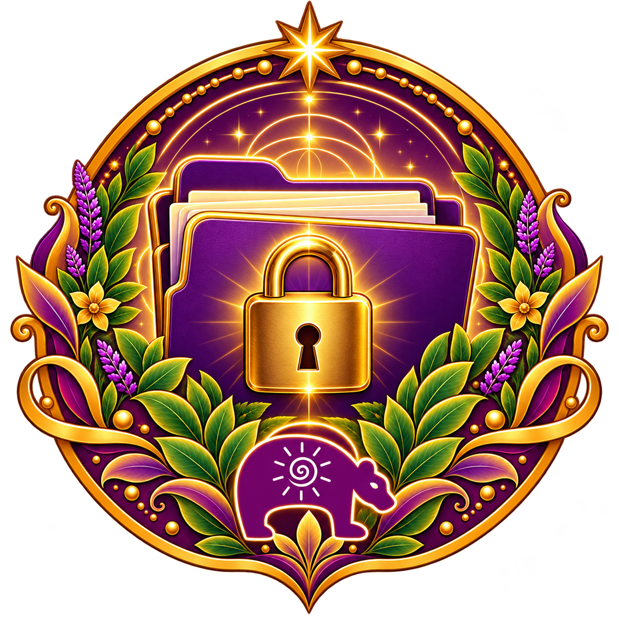 Purple patient-record folder with a gold padlock, surrounded by botanical details and the Dancing Bear emblem
