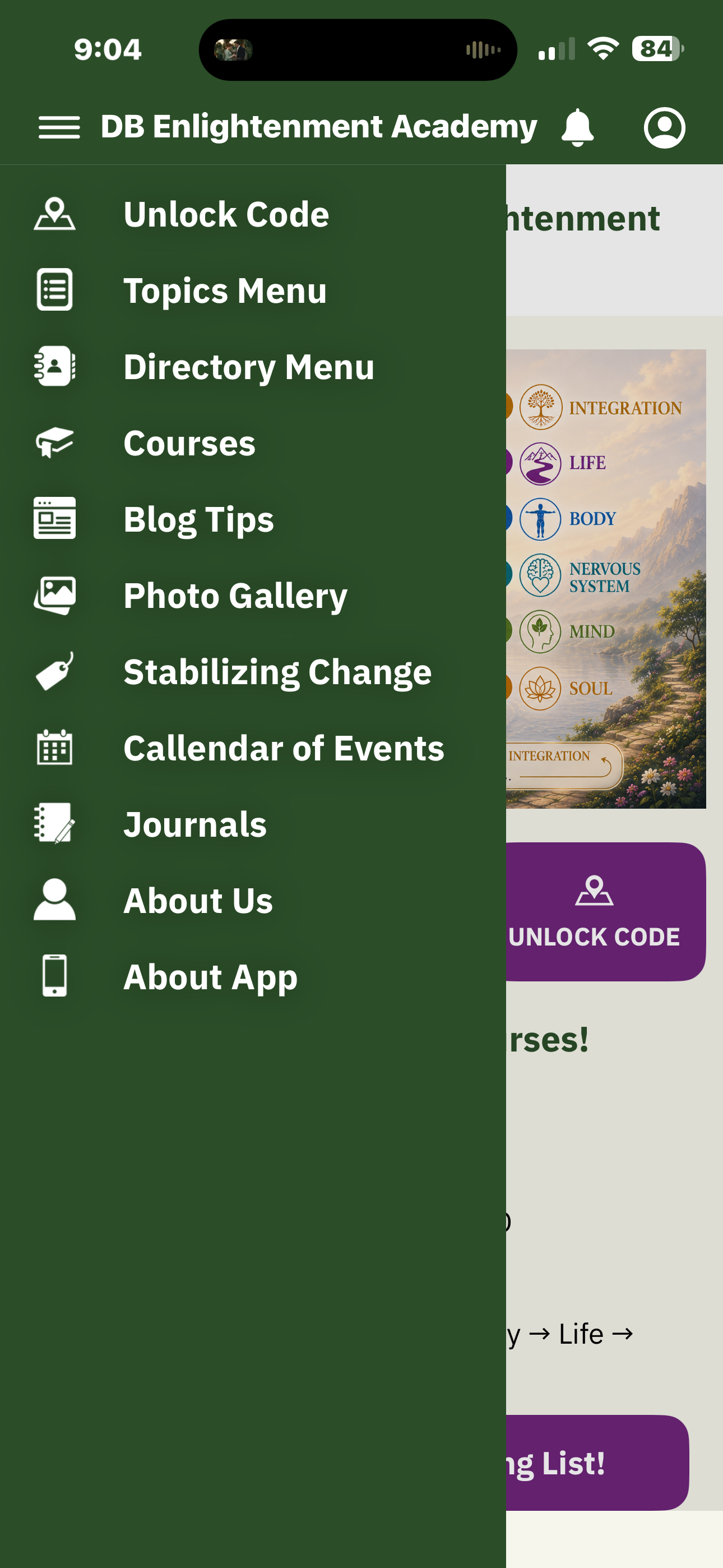 DBEA App Menu screen