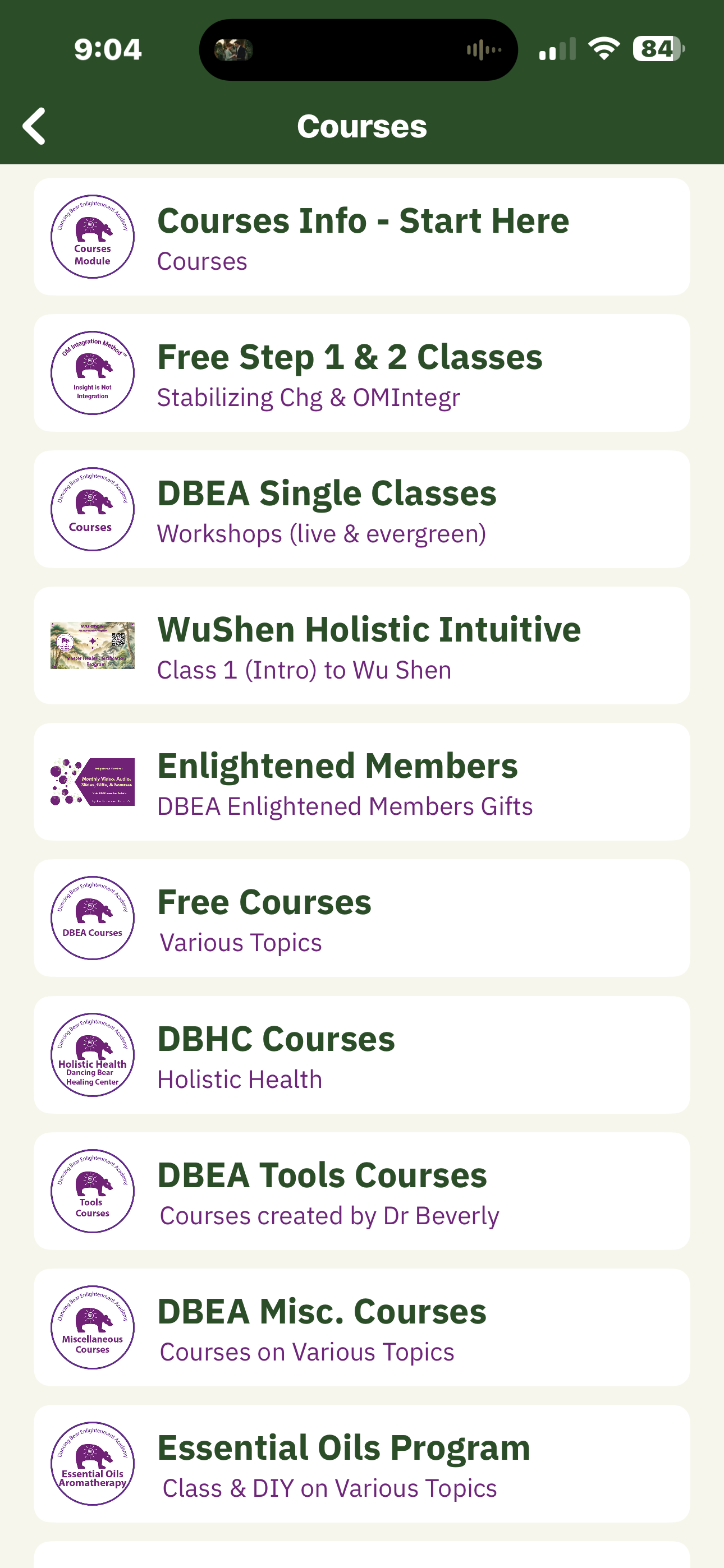 Courses screen