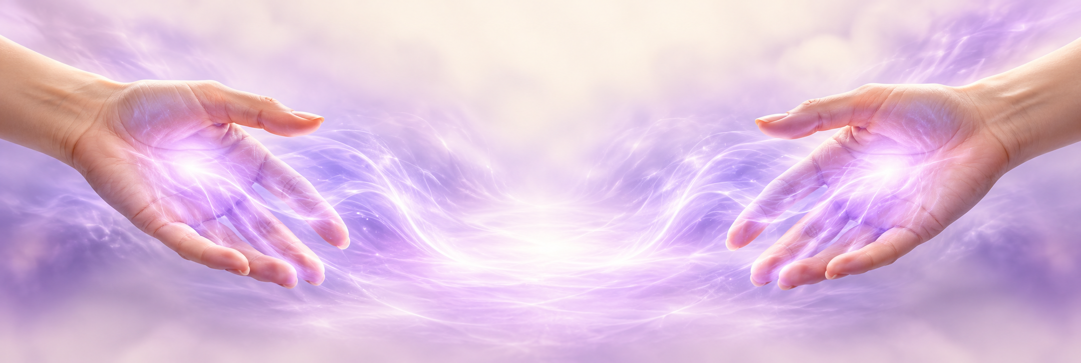 Two open hands with soft violet light flowing from the palm centers