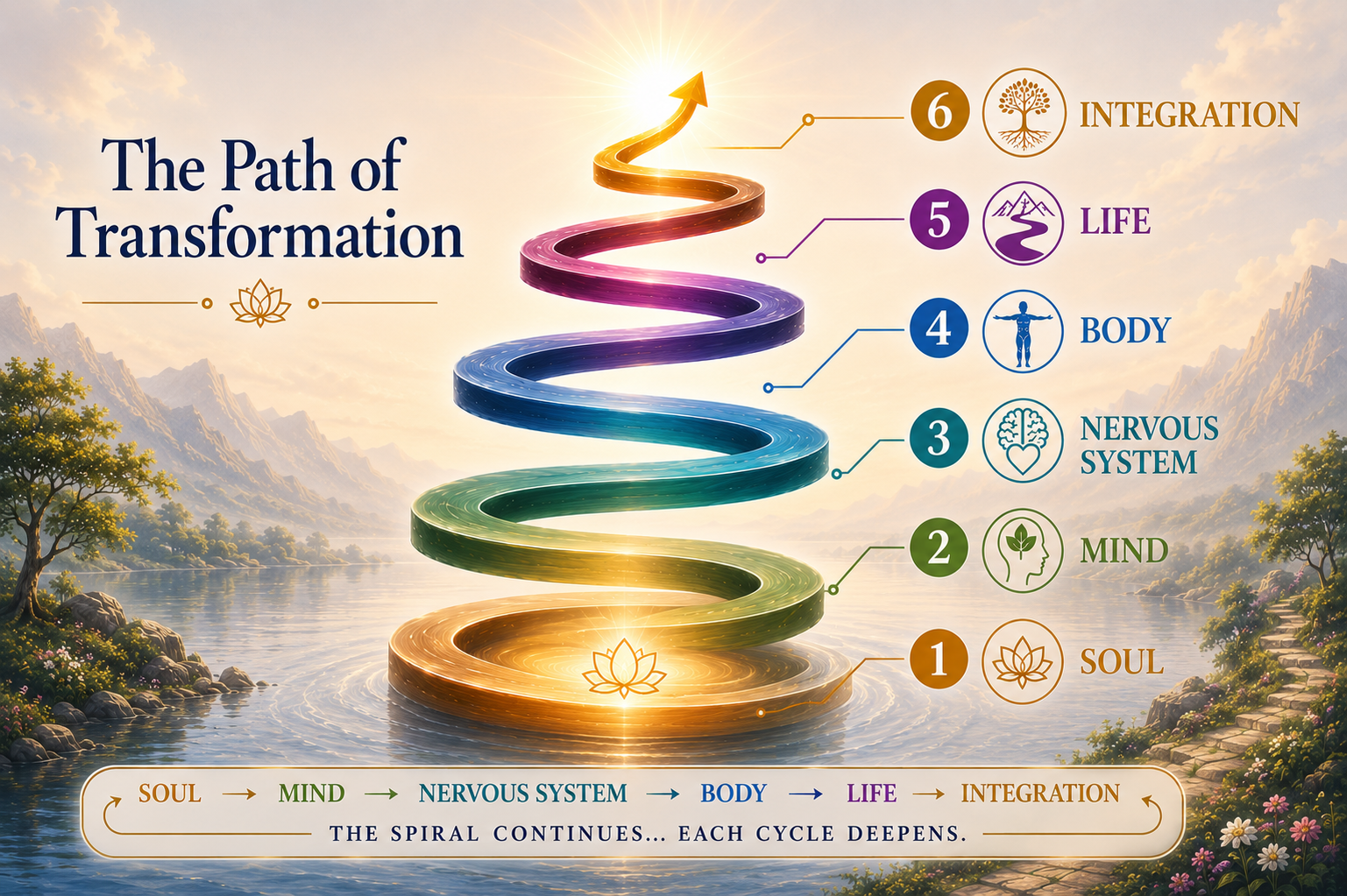 The Path of Transformation spiral: Soul, Mind, Nervous System, Body, Life, and Integration