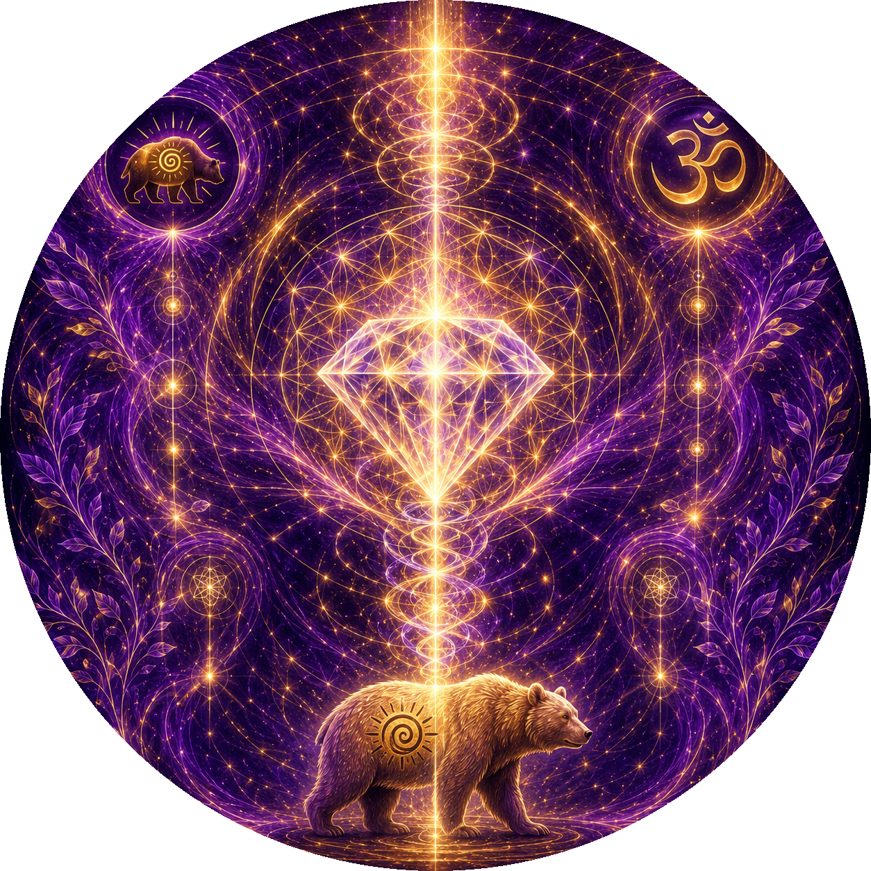 Diamond Source Light energy practice represented by a luminous diamond, golden light, sacred geometry, the OM symbol, and the Dancing Bear symbol